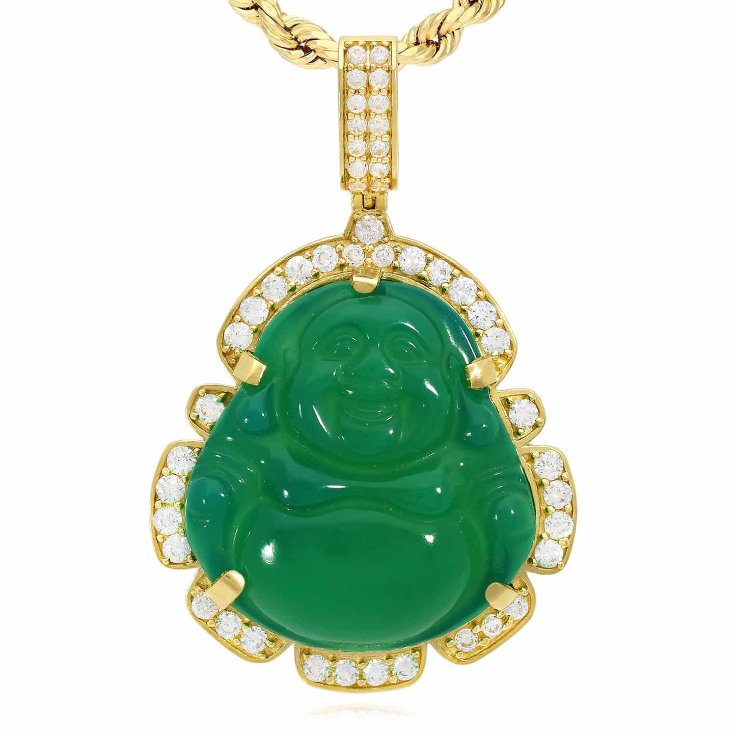 14K Yellow Gold CZ Frame Green Jade Buddha Charm Pendant 1.7-2.2"