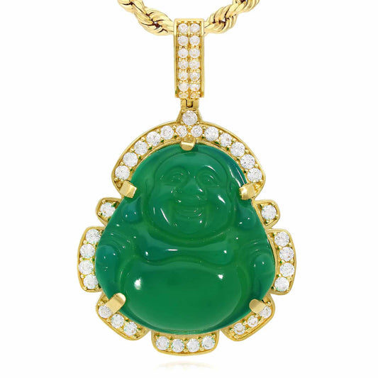 14K Yellow Gold CZ Frame Green Jade Buddha Charm Pendant 1.7-2.2"