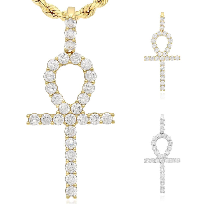 18K Gold Yellow White Over Silver CZ Ankh Cross Pendant 2" - WJD Exclusives
