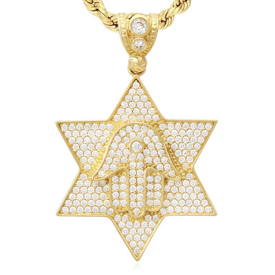 14K Yellow Gold CZ Pave Star David Hamsa Hand Pendant 1.8" - WJD Exclusives