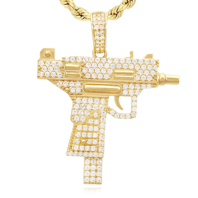 14K Yellow Gold CZ Pave Uzi Machine Gun Pistol Pendant 1.8"