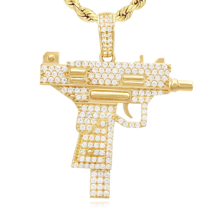 14K Yellow Gold CZ Pave Uzi Machine Gun Pistol Pendant 1.8"
