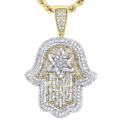 2.60CTW Natural Diamond 10K Yellow Gold Davids Star Hamsa Pendant 2.3" - WJD Exclusives