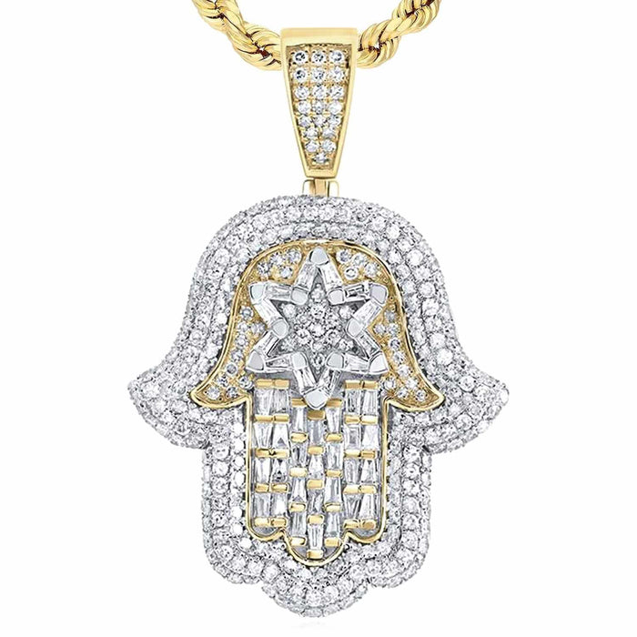 2.60CTW Natural Diamond 10K Yellow Gold Davids Star Hamsa Pendant 2.3" - WJD Exclusives