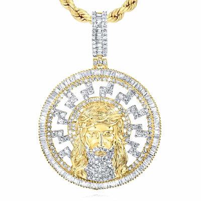 2.78CTW Natural Diamond 10K Yellow Gold Baguette Round Jesus Head Pendant 1.7" - WJD Exclusives