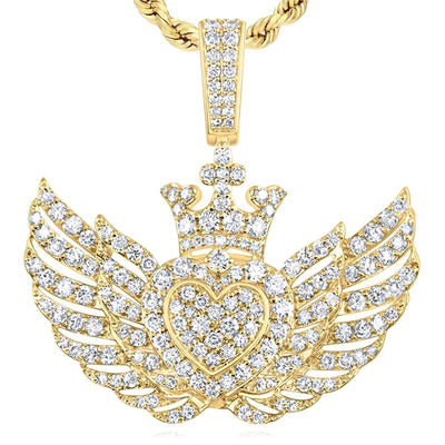 2.35CTW Natural Diamond 10K Yellow Gold Heart Wings Crown Pendant 1.5" - WJD Exclusives