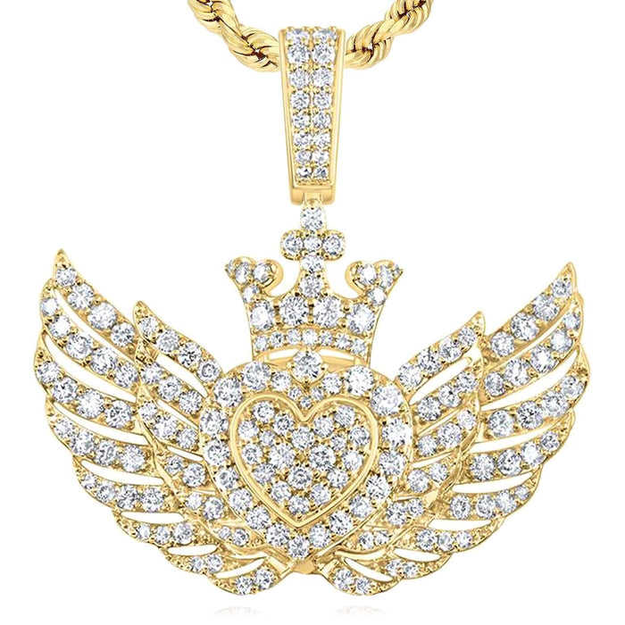 2.35CTW Natural Diamond 10K Yellow Gold Heart Wings Crown Pendant 1.5" - WJD Exclusives