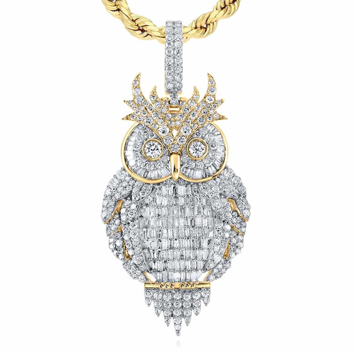 4CTW Natural Diamond 10K Yellow Gold Baguette Owl Pendant 2.2" - WJD Exclusives