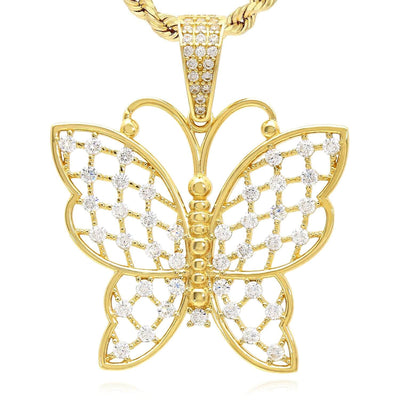 14K Yellow Gold CZ Butterfly Pendant 1.4" - WJD Exclusives