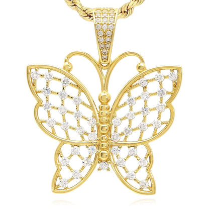 14K Yellow Gold CZ Butterfly Charm Pendant 1.4"