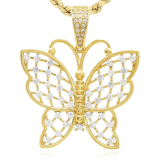 14K Yellow Gold CZ Butterfly Charm Pendant 1.4"