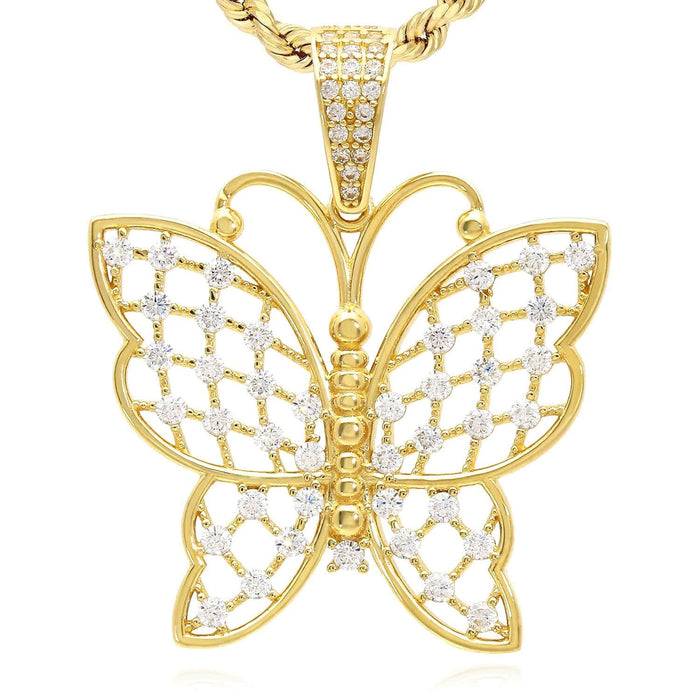 14K Yellow Gold CZ Butterfly Pendant 1.4" - WJD Exclusives