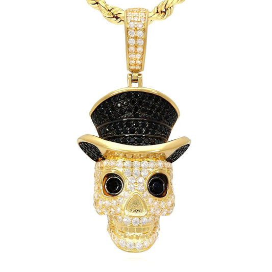 14K Yellow Gold CZ Pave Skull Irish Magician Hat Pendant 1.7"