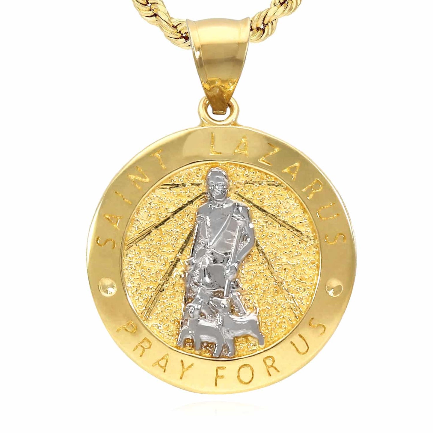 10K Yellow Gold Religious Saint Lazarus Pray For Us Medallion Pendant 0.8" 0.9"