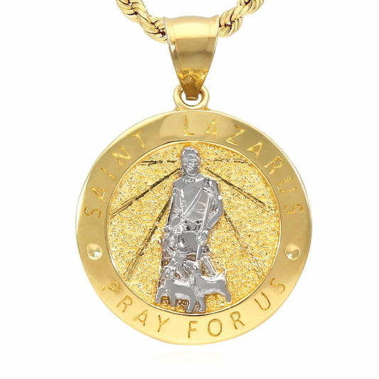 10K Yellow Gold Religious Saint Lazarus Pray For Us Medallion Pendant 0.8" 0.9"