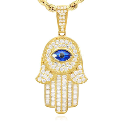 14K Yellow Gold CZ Sapphire Evil Eye Hamsa Hand Pendant 2"