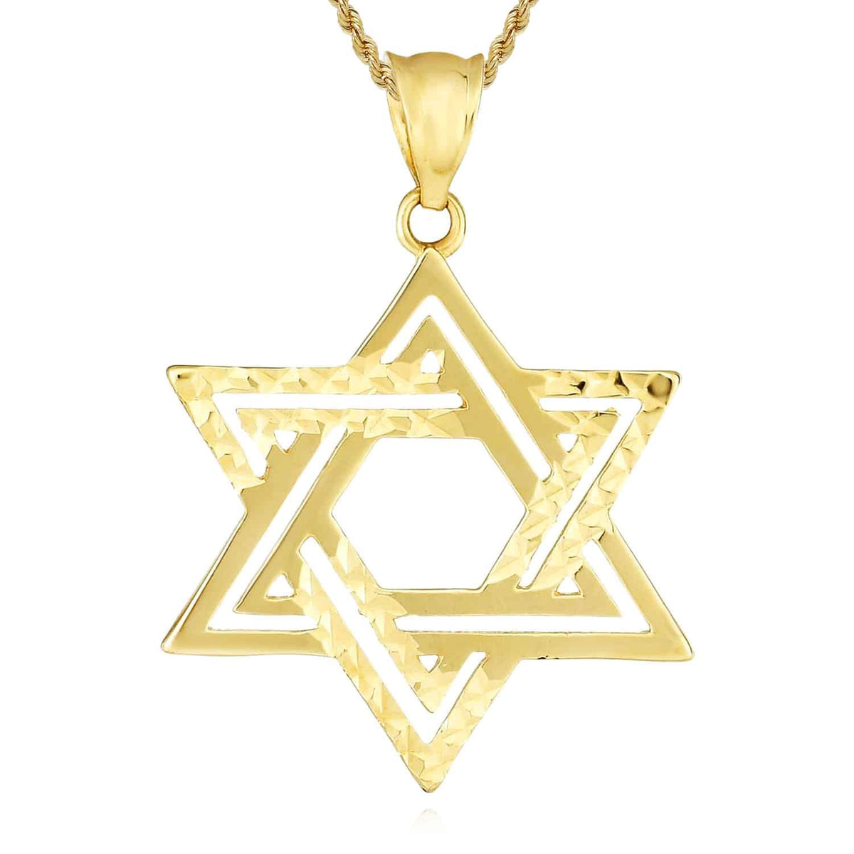 Real 14K Gold Diamond - Cut Textured Double Row Star of David Pendant 1" - WJD Exclusives