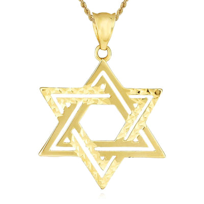 Real 14K Gold Diamond - Cut Textured Double Row Star of David Pendant 1" - WJD Exclusives