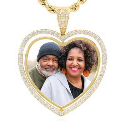 14K Yellow Gold CZ Frame Two - Sided Rotating Heart Picture Pendant - WJD Exclusives