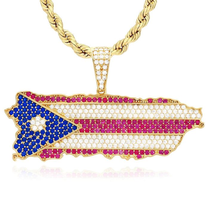 14K Yellow Gold CZ Blue Red Pave Puerto Rico Flag Map Pendant 1"