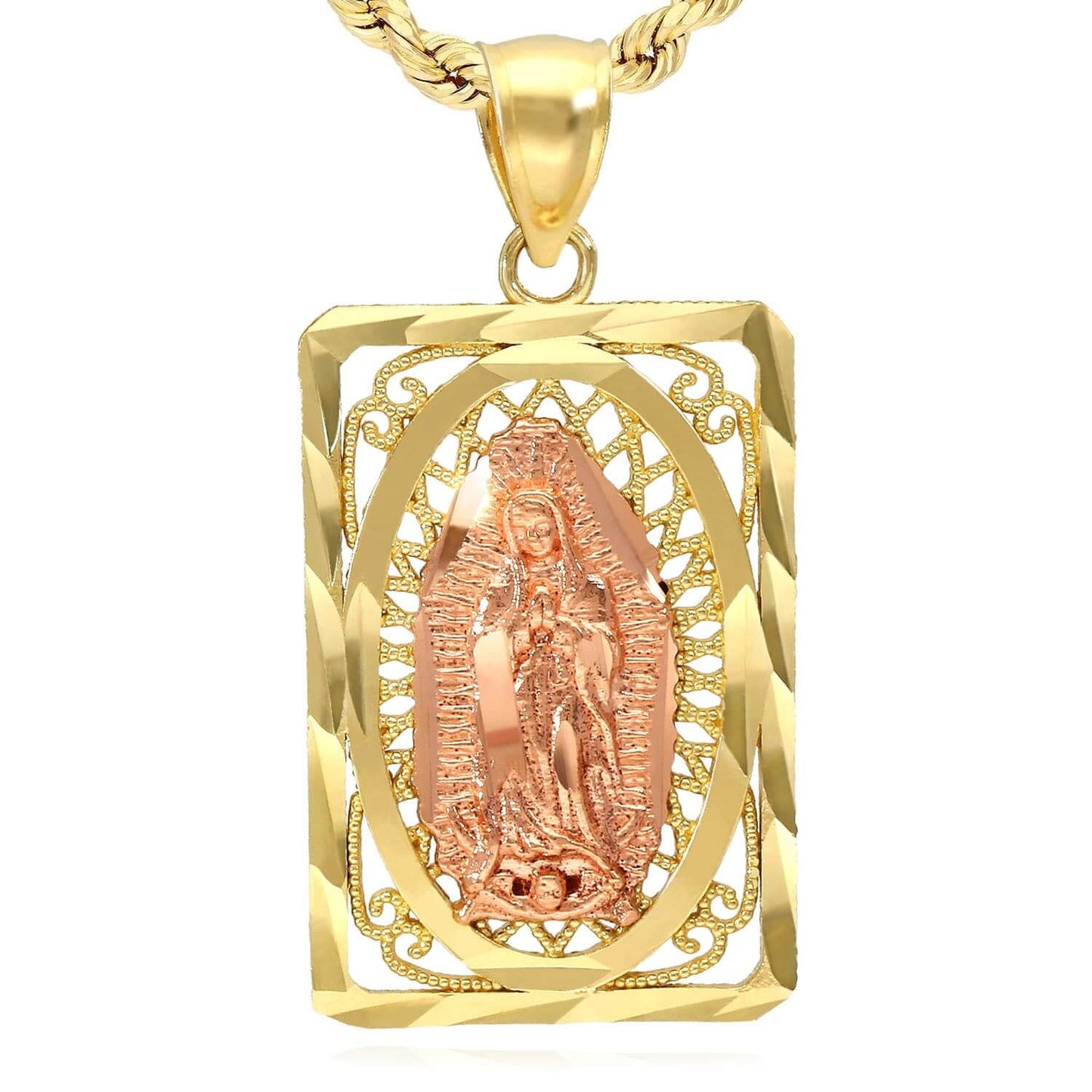 10K Gold Our Lady Of Guadalupe Rectangle Diamond-Cut Religious Pendant 0.8"-1.2"
