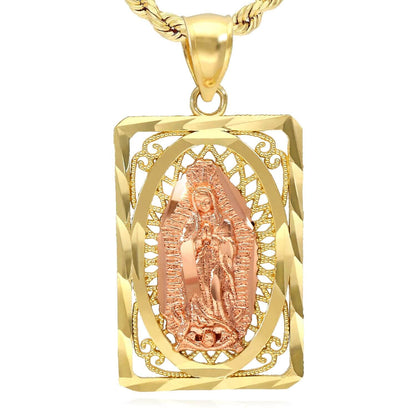 10K Gold Our Lady Of Guadalupe Rectangle Diamond-Cut Religious Pendant 0.8"-1.2"
