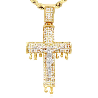 14K Yellow Gold CZ Pave Dripping Crucifix Cross Pendant 2"