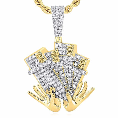 1.20CTW Natural Diamond 10K Yellow Gold 100 Dollar Bills By Hands Pendant 1.7" - WJD Exclusives