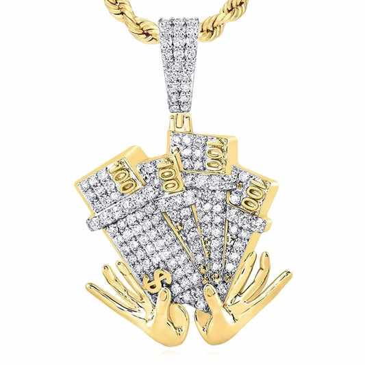 1.20CTW Real Diamond 10K Yellow Gold 100 Dollar Bills By Hands Pendant 1.7"