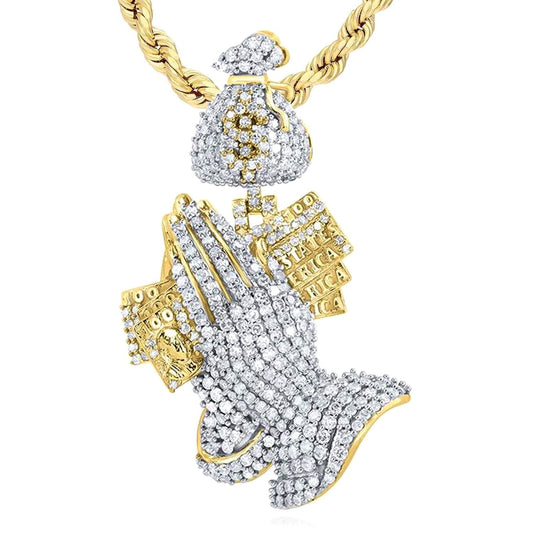 2.00CTW Real Diamond 10K Yellow Gold Praying Hands Dollars Money Sack Pendant