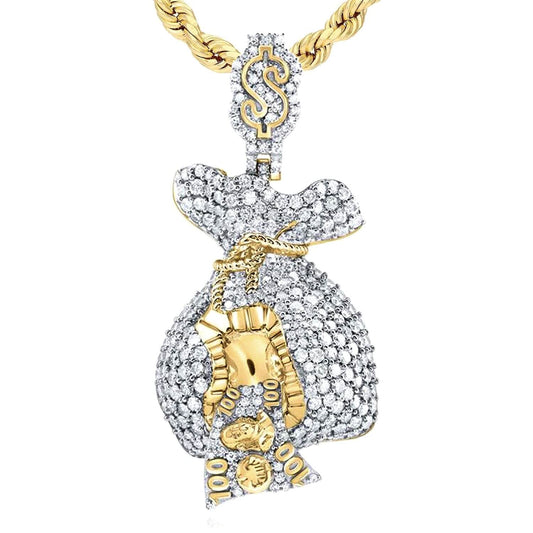 3.50CTW Real Diamond 10K Yellow Gold 100 Dollar Bill Money Bag Pendant 1.7"
