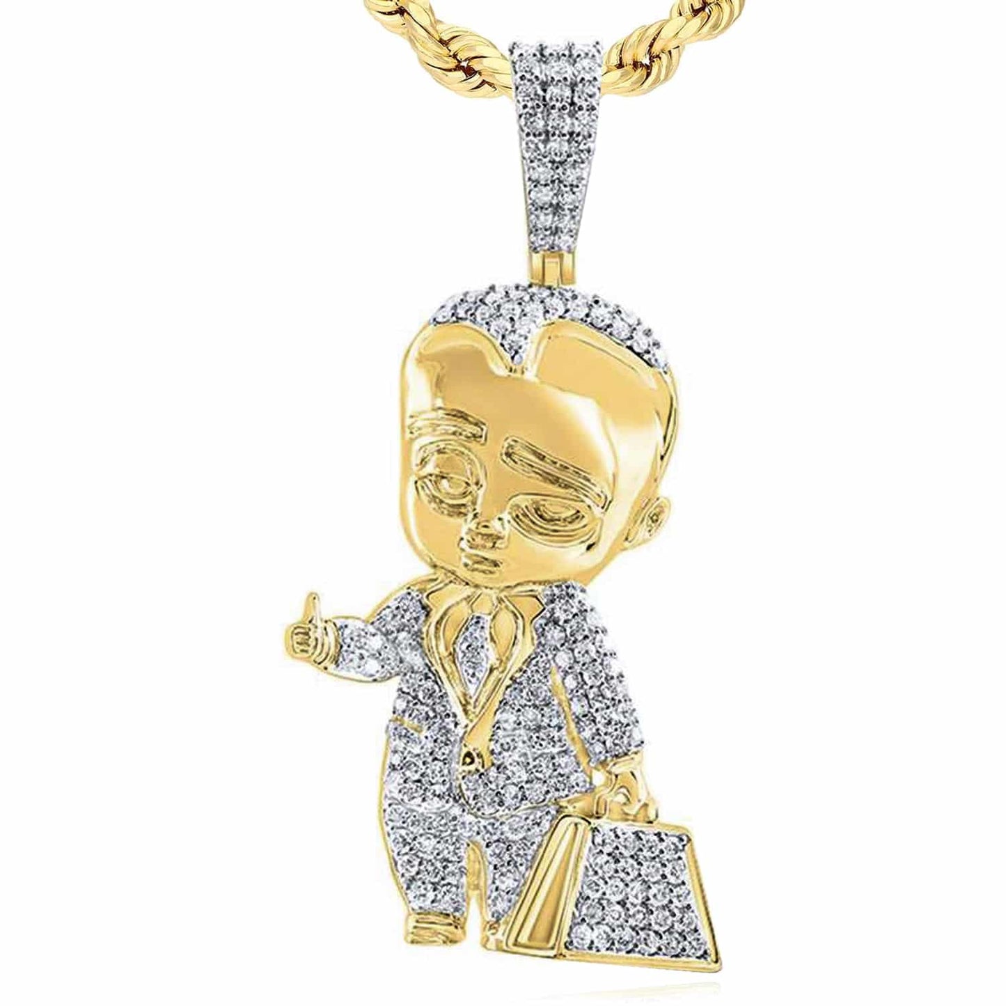 1.50CTW Real Diamond 10K Yellow Gold Boss Baby Pendant 2.5"
