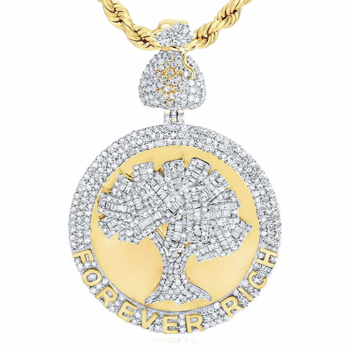 2.8CTW Natural Diamond 10K Yellow Gold Money Bag Tree FOREVER RICH Pendant 1.65" - WJD Exclusives