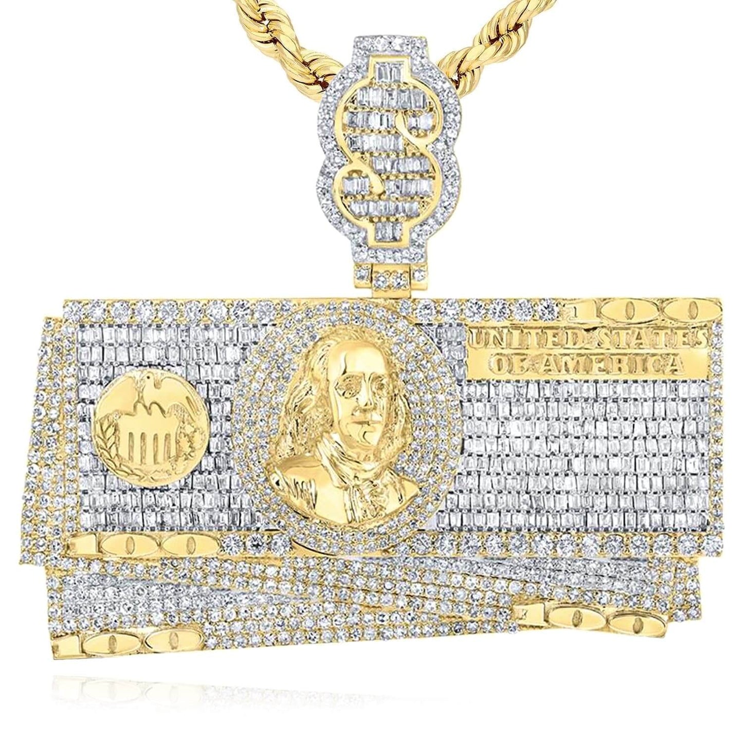 6.85CTW Real Diamond 10K Yellow Gold Hundred Dollar Bills Pendant 2.4"