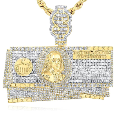 6.85CTW Natural Diamond 10K Yellow Gold Hundred Dollar Bills Pendant 2.4" - WJD Exclusives