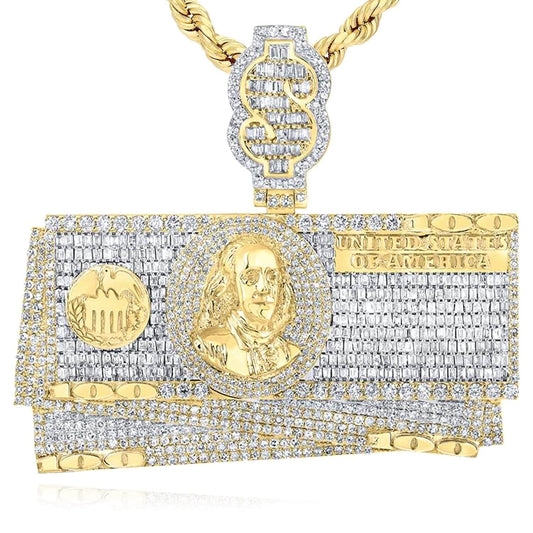 6.85CTW Real Diamond 10K Yellow Gold Hundred Dollar Bills Pendant 2.4"