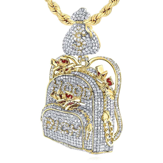 2.90CTW Real Diamond 10K Yellow Gold Hood Rich Sack Backpack Pendant 2.6"