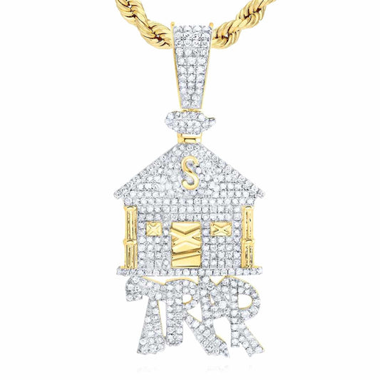 1.50CTW Real Diamond 10k Yellow Gold Trap House Pendant 1.8"