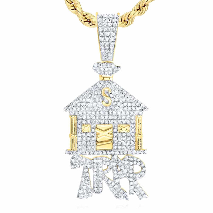 1.50CTW Natural Diamond 10k Yellow Gold Trap House Pendant 1.8" - WJD Exclusives