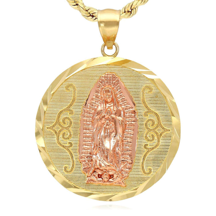 10K Gold Our Lady Of Guadalupe Diamond-Cut Religious Medallion Pendant 0.8"-1.3"