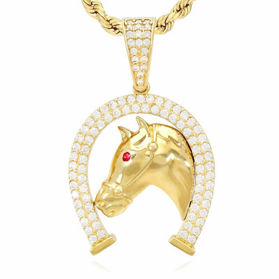 14K Yellow Gold CZ Horseshoe Ruby Eye Horse Head Pendant 1.4"