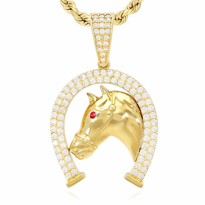 14K Yellow Gold CZ Horseshoe Ruby Eye Horse Head Pendant 1.4"