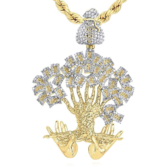 1.60CTW Real Diamond 10K Yellow Gold Money Tree Sack Hands Pendant