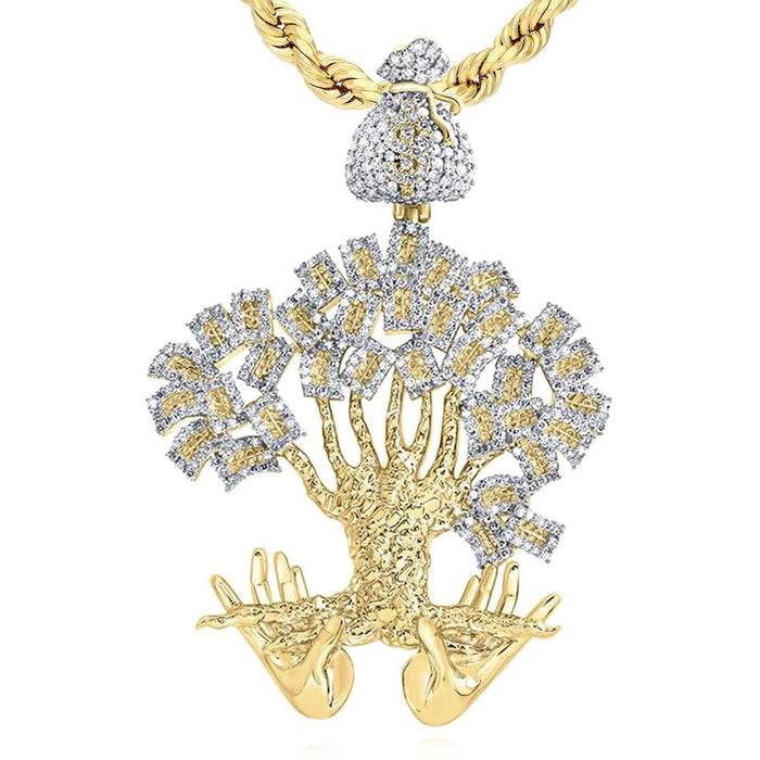 1.60CTW Natural Diamond 10K Yellow Gold Money Tree Sack Hands Pendant - WJD Exclusives