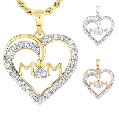 0.16CTW Natural Diamond 10K Gold Yellow White Rose Mom Heart Pendant 0.8" - WJD Exclusives