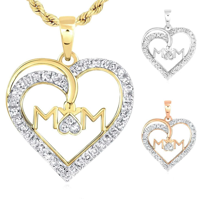 0.16CTW Natural Diamond 10K Gold Yellow White Rose Mom Heart Pendant 0.8" - WJD Exclusives