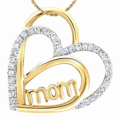 0.10CTW Natural Diamond 10K Yellow Gold Double Heart Mom Sliding Pendant 0.62" - WJD Exclusives