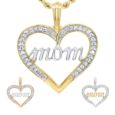 0.15CTW Natural Diamond 10K Yellow White Rose Gold Open Heart Mom Pendant 0.8" - WJD Exclusives