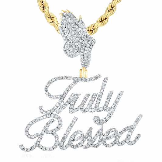 1CTW Real Diamond 10K Yellow Gold Praying Hands Truly Blessed Pendant 1.5"