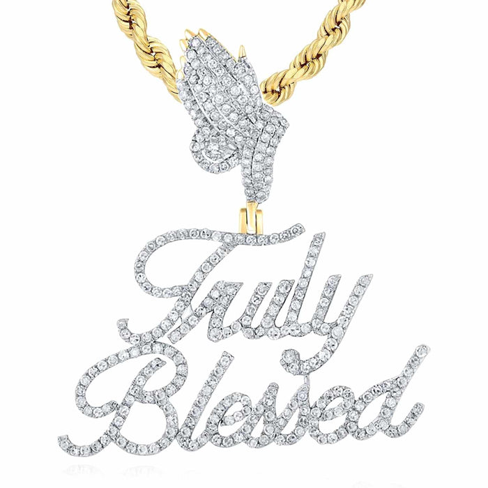 1CTW Natural Diamond 10K Yellow Gold Praying Hands Truly Blessed Pendant 1.5" - WJD Exclusives